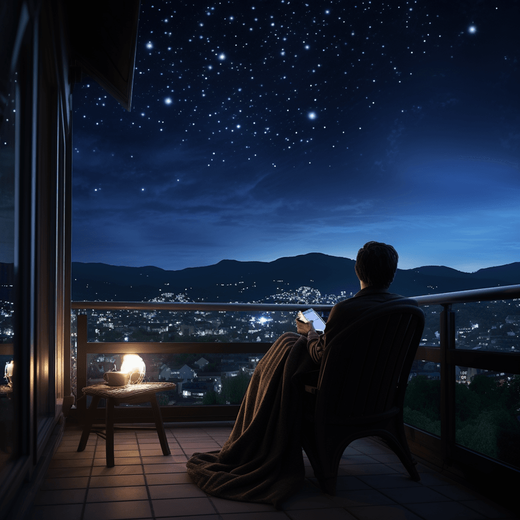 Person gazing at starry sky before going to bed.