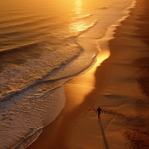 Man on beach running at sunset with shadow Man on the beach running at sunset