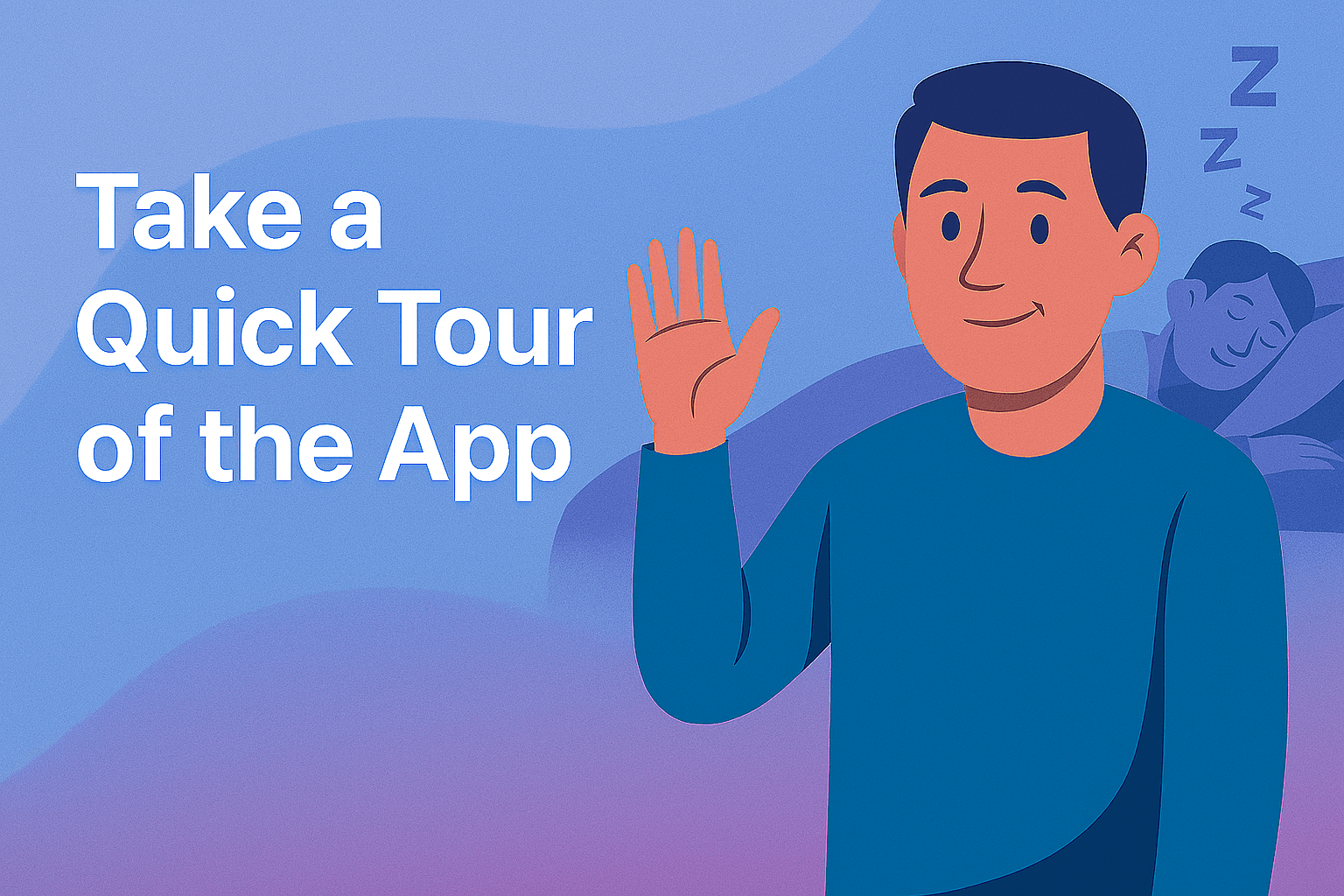 Friendly man greeting the user to the page that provides a tour of the app's features.